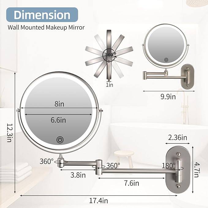 Rechargeable Wall Mounted Lighted Makeup Vanity Mirror 8 inch 1X/10X Magnifying Mirror with 3 Color Lights, Double Sided Bathroom Mirror with Dimmable LED Lights, Shaving Light up Brush Nickel