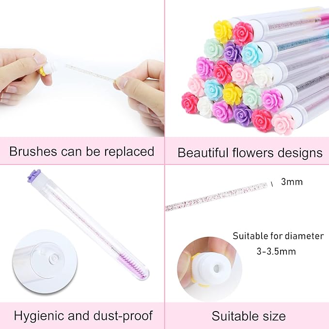 20Pcs Mascara Wands Tube Set SenRocc Reusable Lash Spoolies Rose Flower Tube Eyelash Brush Tubes Spoolies Lash Extension Brushes Applicators Makeup Tools (R-L-MIX)