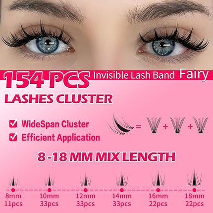 Fairy Lash Clusters Wispy Cluster Lashes DIY Wet-Look Spiky Clusters Eyelash Extensions Lash Extension False Eyelashes Natural Look Invisible Lash Band Individual Lashes (Fairy,8-18mm)