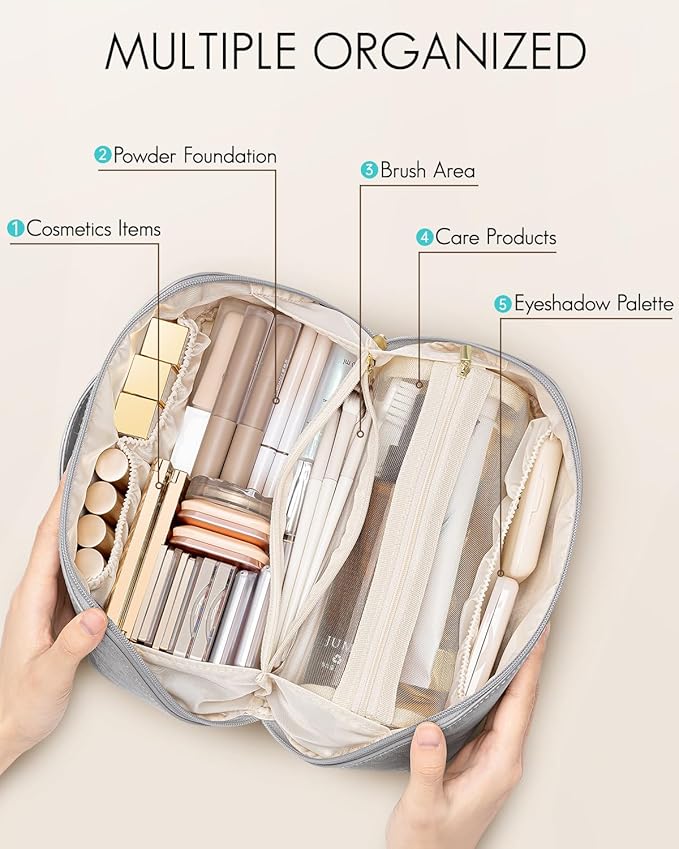 Vlando Makeup Bag,Large Capacity Toiletry Bag for Women Waterproof Portable Make up Pouch PU Leather Open Flat Cosmetic Bag(Silver)