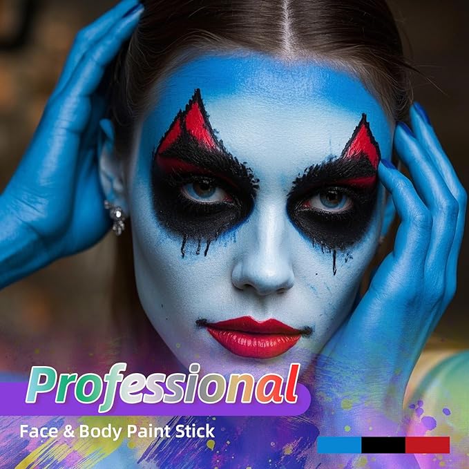 3Pcs Face Body Paint, Professional Paint for Halloween Cosplay Costume Party, Full-coverage Multi-Color Cream Makeup Body Paint for Adult Halloween Cosplay SFX Makeup Paint (Black+Blue+Red)