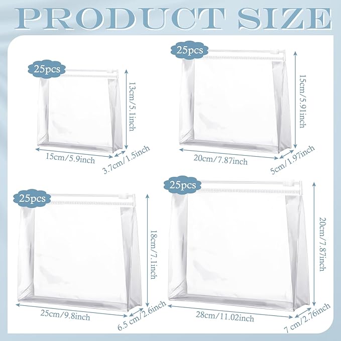 Xuniea 100 Pcs Mini Clear Makeup Bag PVC Small Travel Toiletry Organizer Pouches Bulk Waterproof Transparent Plastic Cosmetic Bag with Zipper for Women Men Travel (11'',9.8'',7.9'',5.9'')