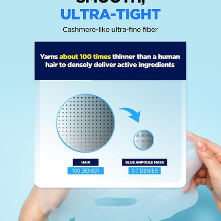 WELLAGE Real Hyaluronic Blue Ampoule Face Mask - Korean Hydratig Mask Moisture Boost with 10,000ppm Ultra-Low Molecular Hyaluronic Acid - Soft Vegan Cashmere Sheet for Sensitive Skin, 5 Sheets