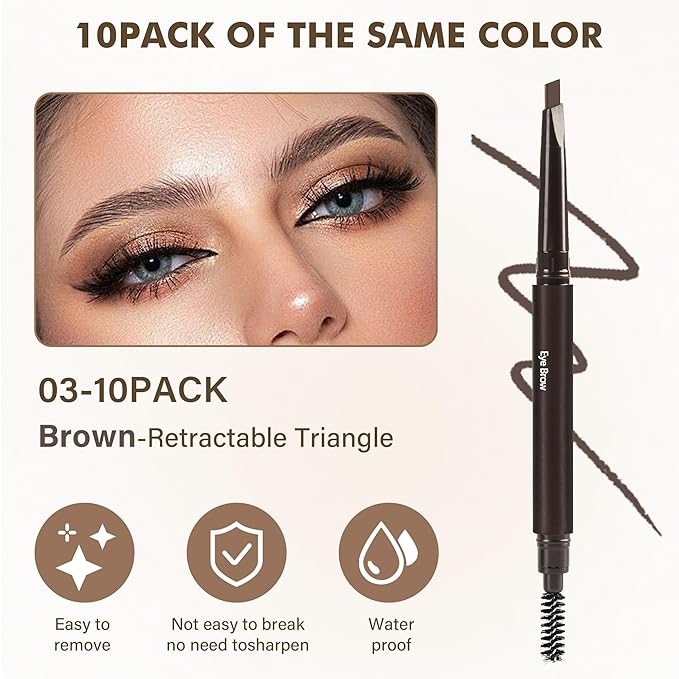 Ultimate Eye Brow Pencils Set for Women, 10Pcs Retractable Double-ended Eyebrow Pen with Brow Brush, Shaping & Filling, Contours, Definers, Fine Tip (03-10Pcs-Brown-Retractable Triangle)