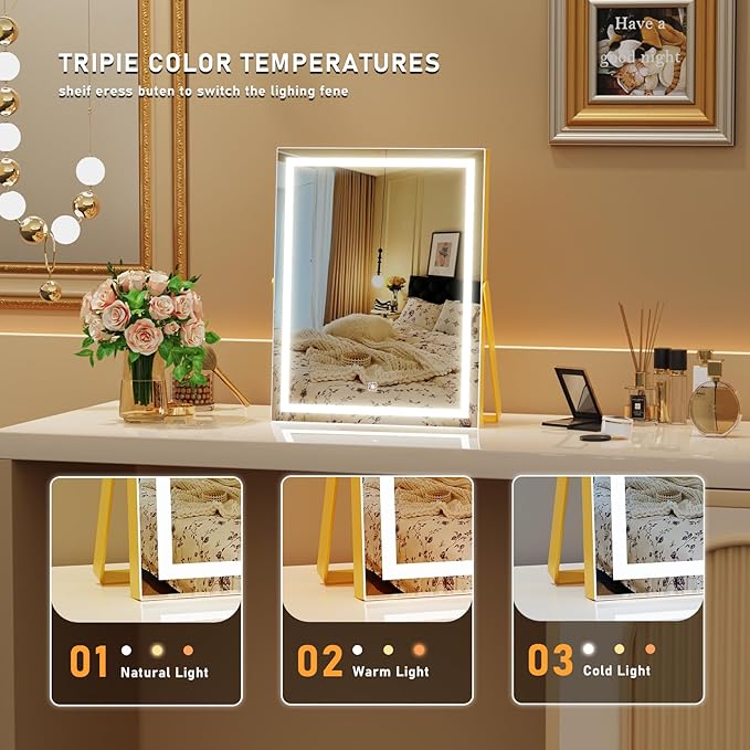 Vanity Mirror with Lights, 11"× 14" LED Makeup Mirror, Lighted Makeup Mirror with Lights, Smart Touch Control Dimmable 3 Modes Light 360°Rotation Gold
