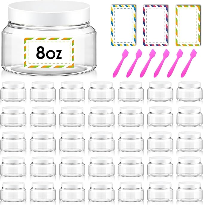 36 Pack 8 oz Plastic Cosmetic Containers With Lids Refillable Clear Empty Travle Jars Containers for Body Butter,Sugar Scrubs,Cream,Lotions,Candy, Waterproof Label&Spatulas - (White Lid)