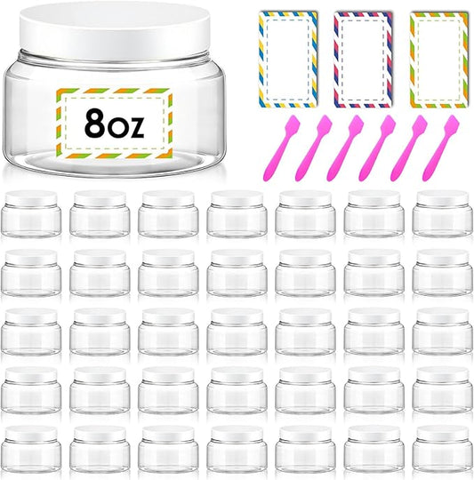 36 Pack 8 oz Plastic Cosmetic Containers With Lids Refillable Clear Empty Travle Jars Containers for Body Butter,Sugar Scrubs,Cream,Lotions,Candy, Waterproof Label&Spatulas - (White Lid)