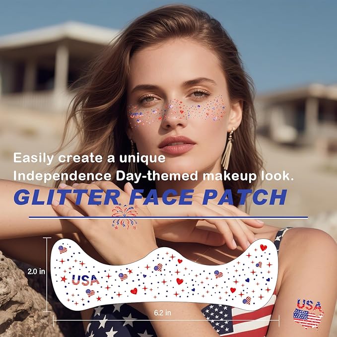20 Pcs Blue Red and White Glitter Freckles Face Tattoos, Independence Day Glitter Freckles, Waterproof Temporary Face Tattoos for Women and Kids, USA Patriotic, Memorial Day Fake Tattoos