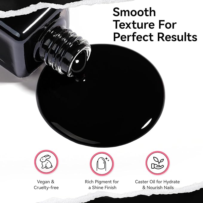 Black Nail Polish French Nail Art Shiny Class Black Nail Strengthening 9-Free Vegan Rich in Castor Oil Fast Air Dry Classic Toe Fingernail Polish Non-gel DIY at Home Gift for Girls Women