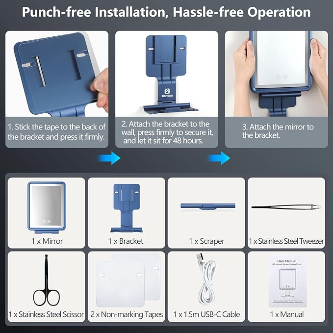 Heated Shower Mirror Fogless for Shaving, 3 Colors Stepless Dimmable Lights Fogless Mirror for Shower, Rechargeable Anti Fog Shaving Mirror with Razor Holder for Men, Light Memory Function, Blue