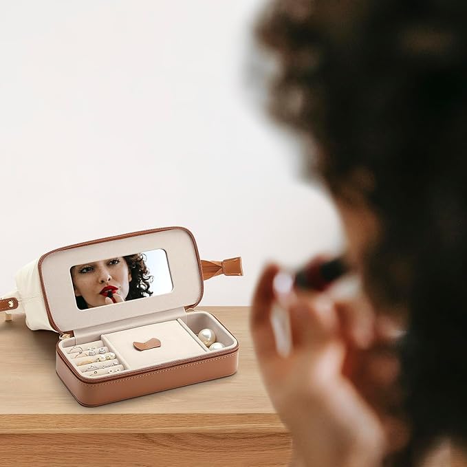 2-In-1 Jewelry Box and Makeup Bag with Mirror - Versatile Travel Jewelry Holder Organizer Cosmetic Bag, Portable Toiletry Bag with Integrated Jewelry Makeup Case for Women Men (White & Brown)