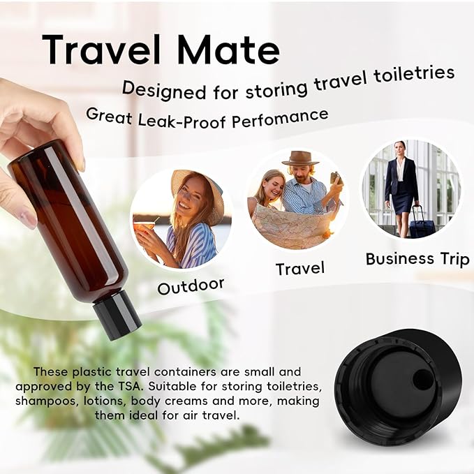 TUZAZO 10 Pack 3.4 oz Amber Plastic Travel Bottles for Toiletries TSA Approved Leakproof Travel Size Containers Empty Small Plastic Shampoo Lotion Bottles with Labels