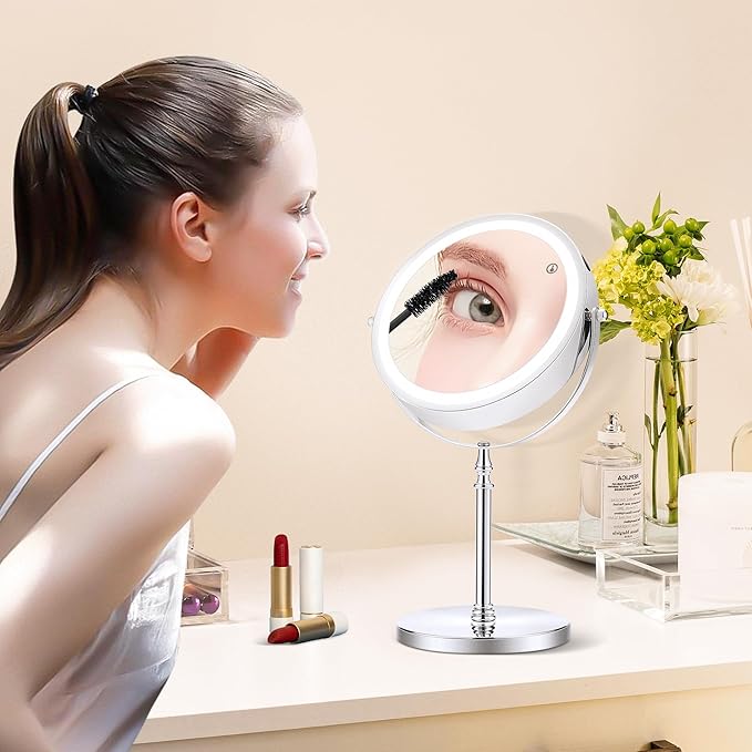 MIYADIVA Lighted Makeup Mirror, 20X Magnifying Mirror with Light, Double Sided Makeup Mirror with 20X/1X Magnification, 360°Rotation, 3 Colors Brightness Adjustable Vanity Mirror with 42 LEDs, 2000mAh