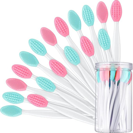 Patelai 24 Pcs Lip Scrub Brush Silicone Lip Scrubber Exfoliator with Container Double Sided Soft Cleansing Brush Tool for Men Women Lightening Dark Lips(Pink, Green)