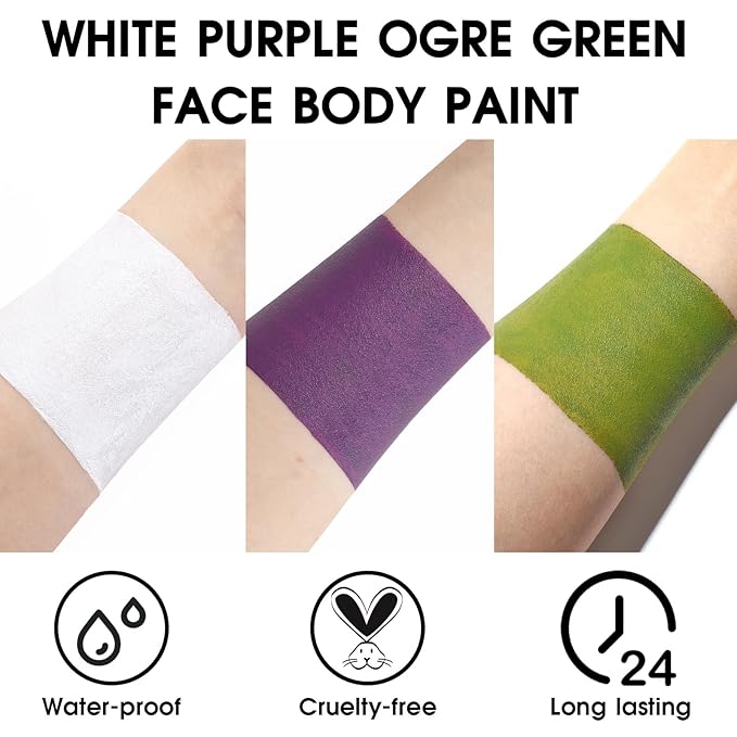 BAD COLOR 3PCS White Ogre Green Purple Face Body Paint Stick Makeup for Beetle-juice/ Frankenstein SFX Cosplay & Dress Up, Full-Coverage Halloween Facepaint Makeup Kit