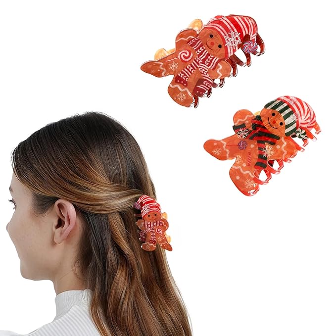 2Pcs Christmas Hair Clips for Women - Cute Funny Gingerbread Doll Hair Claw Clips Christmas Claw Clip Non-Slip Hair Claw for Thick Hair and Thin Hair Winter Xmas Party Hair Decoration Supplies