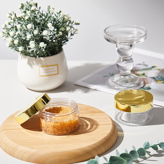 Dandat 24 Pcs 4 oz Plastic Jar Container with Lid and Label Refillable Empty Round Clear with Gold PET Cosmetic Sample Containers for Lotion, Cream, Ointments, Body Butter, Makeup, Travel Storage