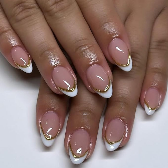 Almond Press on Nails Medium Pink With 3D Gold Stripes Designs White French Tips Fall Winter False Acrylic Glue on Glossy Stick on for Women 24 Pcs