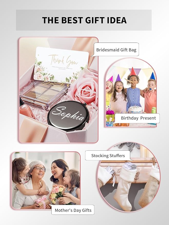 Compact Mirror Bulk, Pack of 6 Double-Sided 1X/2X Magnifying Metal Makeup Mirrors(Round, Onyx Black)