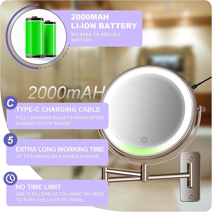 JANEEVA 8 inch Wall Mounted Lighted Makeup Mirror, Rechargeable Double Sided 1X/10X Magnifying Mirror with 3 Color Lights, Touch Dimming Vanity Mirror for Bathroom,Oil Rubbed Bronze