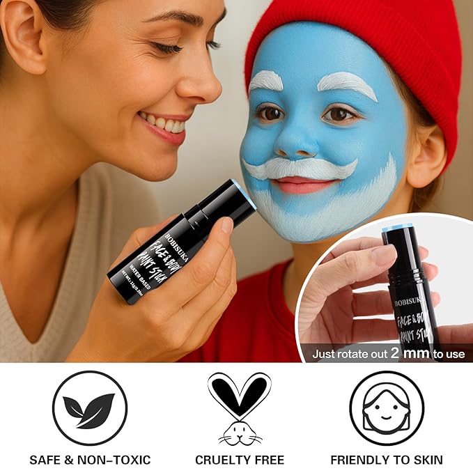 BOBISUKA Light Blue Face & Body Paint Stick Water-Based Washable Face Paint Makeup Stick for Halloween Sally, Corpse Bride, Avatar, Skeleton, Smurf, Cosplay, SFX, Sports Eye Black & Costume Party
