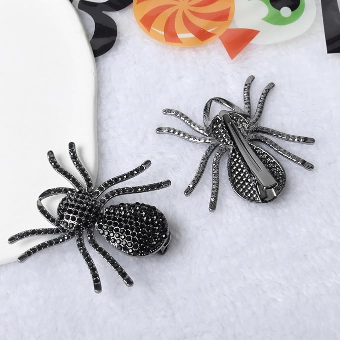 2PCS Black Spider Hair Clips for Women Girls Hiphop Metal Spooky Halloween Hair Clip With Stone Barrette for Styling Halloween Hair Accessories