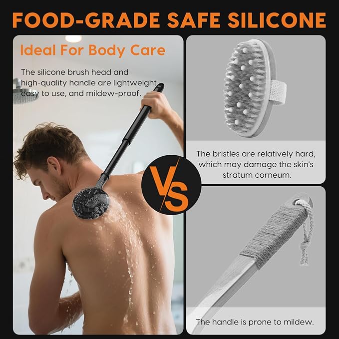 Silicone Back Scrubber for Shower with 24 inch Adjustable Handle, Double Sided Shower Brush for Exfoliating and Massage