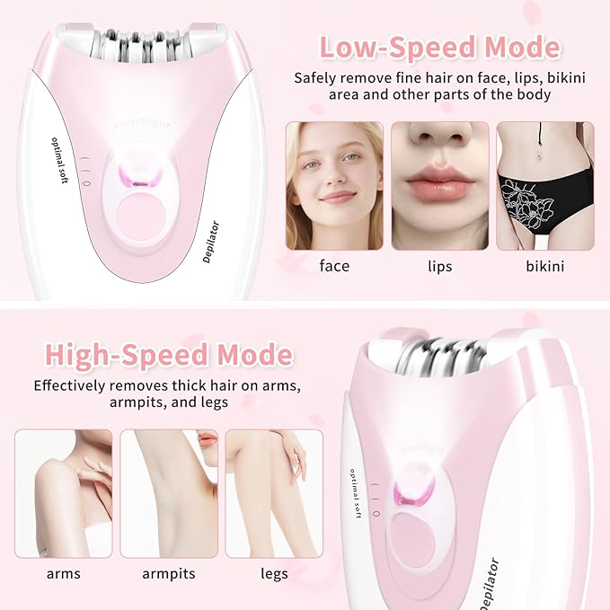 Epilator for Women - 2 Speeds Smooth Skin Face Epilators with LED - Long-Lasting Cordless Electric Tweezers Hair Remover for Armpit/Leg/Bikini Area/Arm/Facial Epilator Hair Removal for Women
