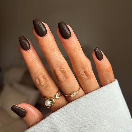 Brown Press on Nails Medium Coffin Fake Nails Press ons, KXAMELIE Full Cover False Nails Tips Medium Length Glue on Nails Natural Thick Long Acrylic Nails 24Pcs Solid Color Coffin Nails for Women