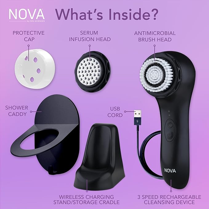 Spa Sciences - NOVA - Sonic Cleansing Brush with Bristles & Infusion System – Anti-Aging Facial Exfoliating, Waterproof, and USB Rechargeable