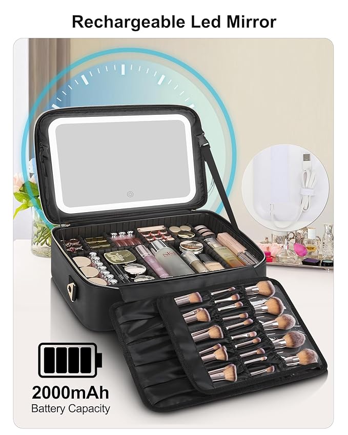 Relavel Travel Makeup Bag With LED Mirror, 16.2" Large Makeup Train Case, 3 Color Scenarios Adjustable Brightness, Waterproof Makeup Train Case Organizer with DIY Dividers for Makeup Artist, Black