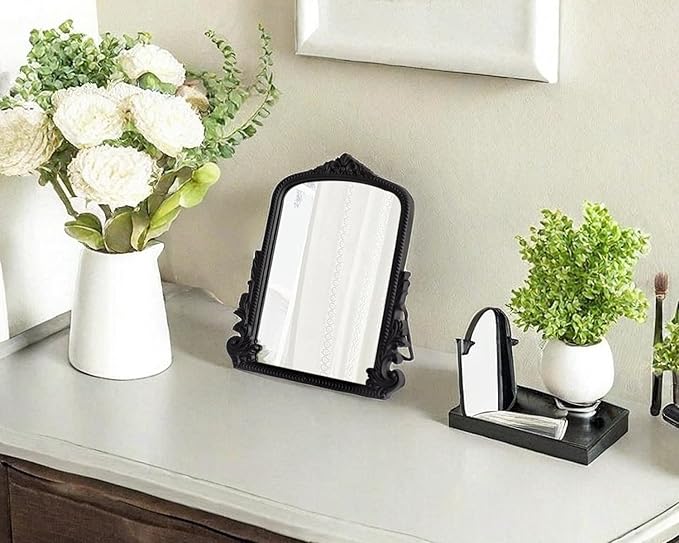 Black Vintage Arched Vanity Mirror, Baroque Tabletop Makeup Mirror, Decorative Antique Mirror for Dresser, Bedroom, Living Room, 11.8" x 9.6"