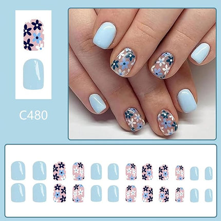Short Fake Nails Square Press Ons Full Cover False Nails with Light Blue Flower Designs Acrylic Press Ons Artificial Glossy Stick Ons Reusable Glue Ons for Women 24 Pcs