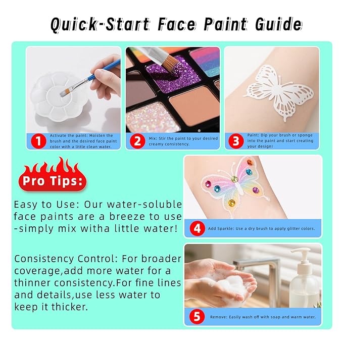 42 Color Face Paint Kit for Kids, Brushes, Sponges, Gems, Stickers, Non-Toxic Water-Based Makeup Palette Face Painting Kit for Kids Ideal Halloween, Parties, Festivals, Body Art & More