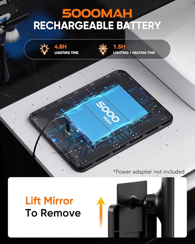 Heated Shower Mirror Fogless for Shaving 2025 New, 3 Colors Stepless Dimmable Lights Anti Fog Shower Mirror, Fog Free Mirror for Shaving with Razor Holder for Men, NO-Drilling, Removable - Black