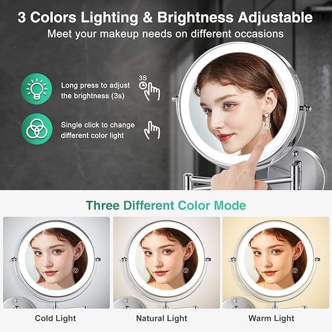 8.5 Inch Rechargeable Wall Mounted Lighted Makeup Mirror, Double-Sided 1X/10X LED Magnifying Vanity Mirror with Lights, 3 Color Lights Touch Screen Dimmable 360°Swivel 18 Inch Extendable - Chrome