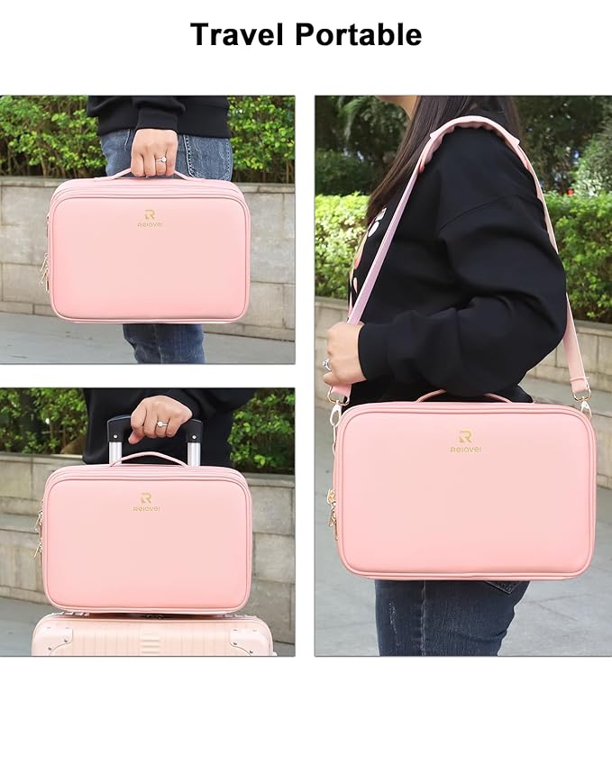 Relavel Makeup Train Case With LED Mirror, Professional Travel Cosmetic Bag with Removable Partitions,Compact Makeup Organizer, Waterproof Toiletry Case for Women, Pink