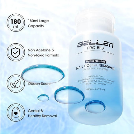 Gellen Non Acetone Nail Polish Remover, Non Toxic Fingernail Polish Remover for Quick Dry Nail Polish, Ocean Scent Dual-phase Nourishing Gentle Nail Polish Remover with Easy Push-down Pump, 6.09 Fl Oz