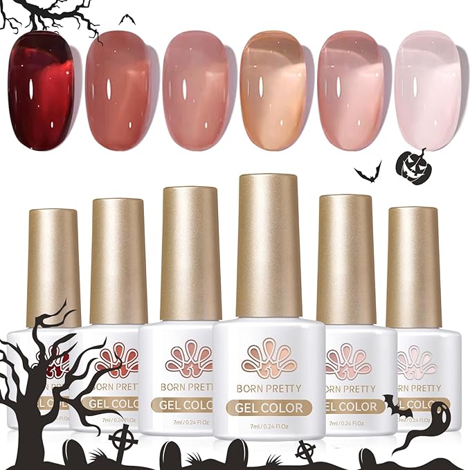 Born Pretty Jelly Burgundy Gel Nail Polish Fall Winter Blood Wine Red Nude Pink Gel Polish Sheer Transparent Halloween Gel Polish Kit Wild Rose for Salon Manicure and Nail Art DIY at Home 6Colors