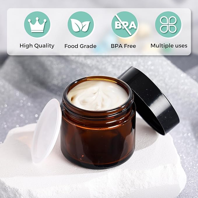 Amber Glass Jars with lids, 24 Pack 2oz Empty Cosmetic Jars, Refillable Airtight Wide Mouth Container for DIY, Sample, Cream, Lotion, Candle Making, Powder, Cosmetic
