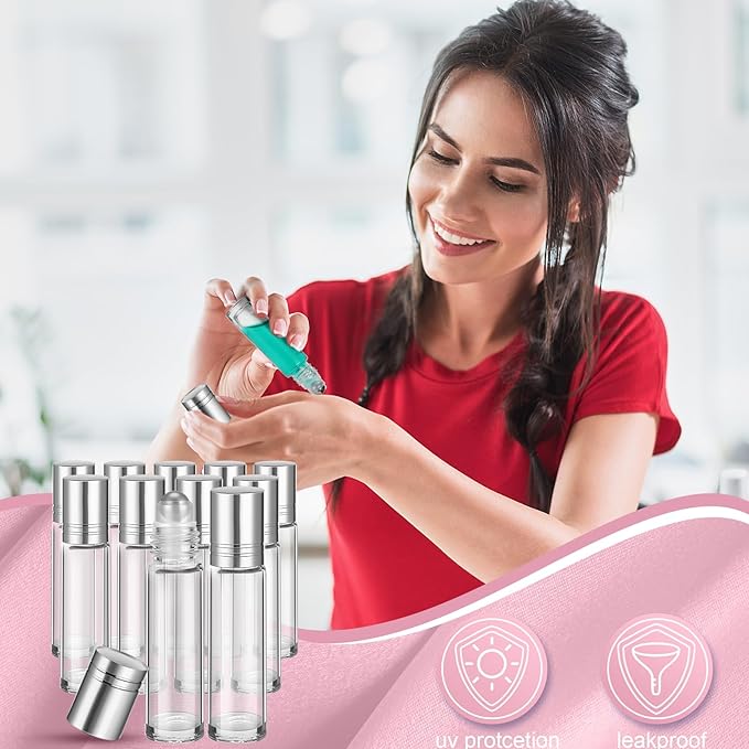 Sumind Essential Oil Roller Bottles - 250 Pcs, 10 ml Glass, Stainless Steel Roller Balls, Leakproof, Funnel Included(Clear with Silver Cap)