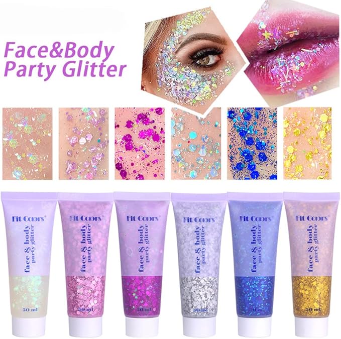 Blue Face & Body Glitter Gel - Mermaid Sequins Lip Eye Nails Hair Festival Rave Accessories, Liquid Holographic Chunky Glitter, 50g