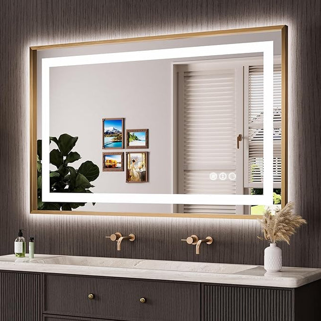 Amorho 48"x 30" Gold LED Bathroom Mirror, Metal Framed Mirror with Front Light and Backlit, Stepless Dimmable, Anti-Fog, Shatter-Proof, Memory, 3 Colors