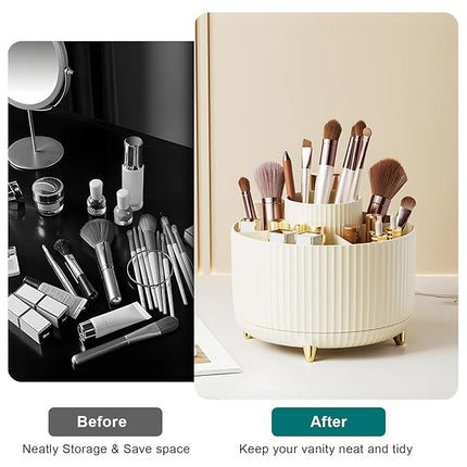 Diesisa Makeup Brush Holder Organizer,360° Rotating Makeup Brush Organizer,5 Slot Make up Brushes Cup for Cosmetics, Nail Polish, Art Supply, Bathroom Vanity Desktop Organizer - Cream