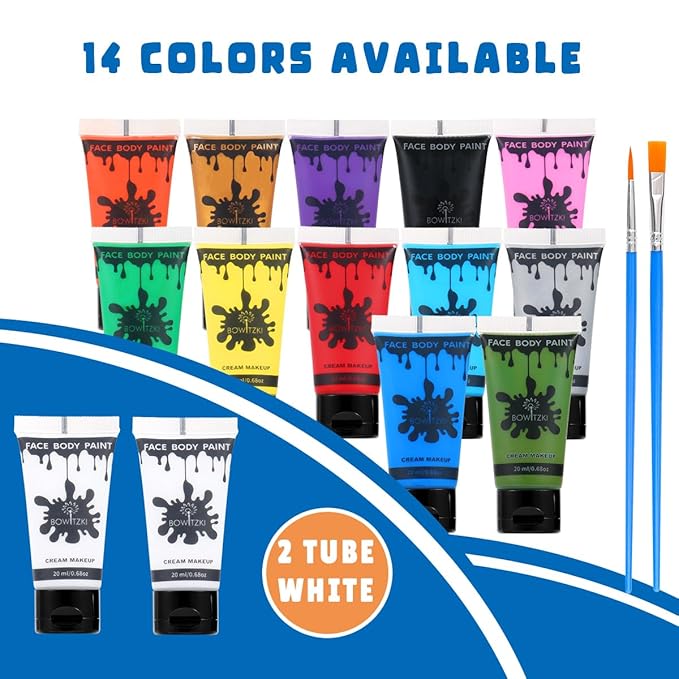 Bowitzki 14 Colors Face Body Paint Set Cream Makeup 20ml Water Based Face Painting Special Effects For Adults Children Kids Halloween Christmas Party Stage Cosplay 0.7OZ Each