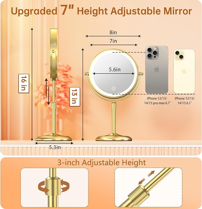 Gospire 7" Lighted Makeup Mirror with Magnification 10X/1X, Height Adjustable & 3 Color Dimmable Lights, 360° Swivel Double Sided Light up Rechargeable LED Cosmetic Vanity Cordless Standing Mirror
