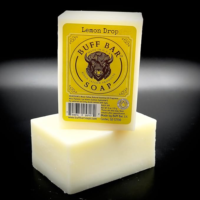 Bison Tallow Buff Soap Bar, Lemon Drop, (2 pack) - Scents of Lemon, Orange, & Lemongrass - Cleans, Moisturizes, Soothes, Hydrates - No Dyes, Chemicals, or Preservatives