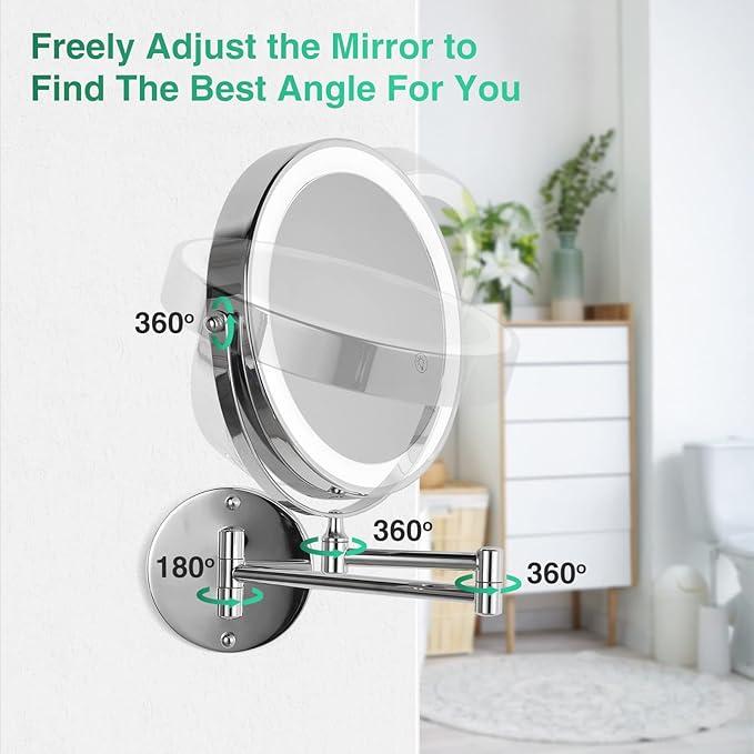 8.5 Inch Rechargeable Wall Mounted Lighted Makeup Mirror, Double-Sided 1X/10X LED Magnifying Vanity Mirror with Lights, 3 Color Lights Touch Screen Dimmable 360°Swivel 18 Inch Extendable - Chrome