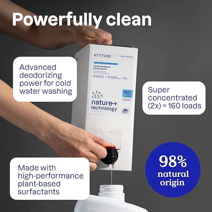 ATTITUDE Liquid Laundry Detergent Refill, EWG Verified, HE Compatible, Plant-Based & Vegan, Natural Laundry Soap, Mountain Fresh Scent, 160 Loads, 135.26 Fl Oz