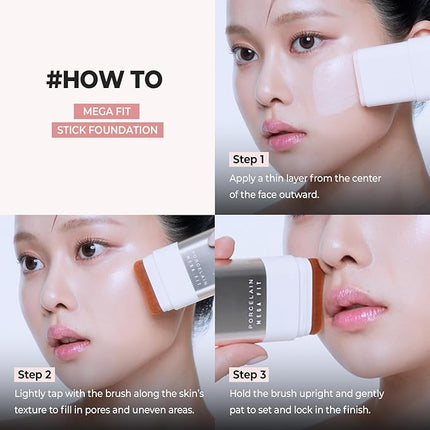 Mega Fit Stick Foundation with Built-in Brush-Full Coverage Creamy Formula for Porcelain Skin Finish, Hydrating&Long Lasting, Master Porcelain, Shade 21, 0.56 oz (01N Beige)